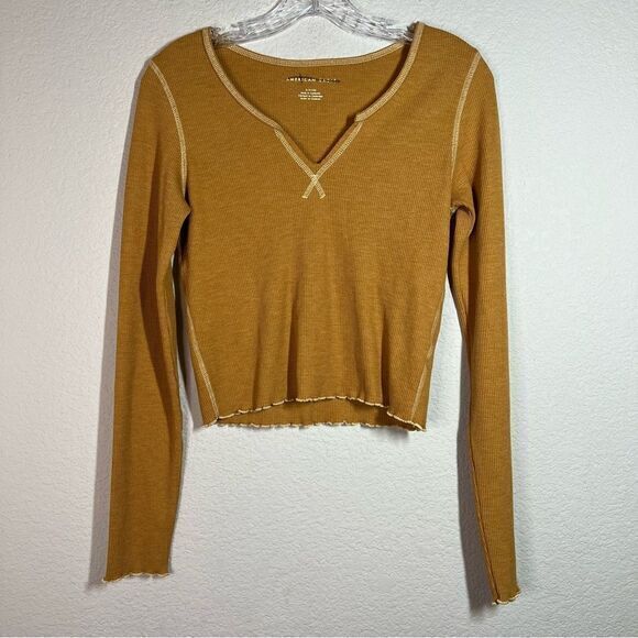 American Eagle Outfitters Tops - American Eagle Orange Ribbed Long Sleeves V Neck Crop Top Womens Small‎